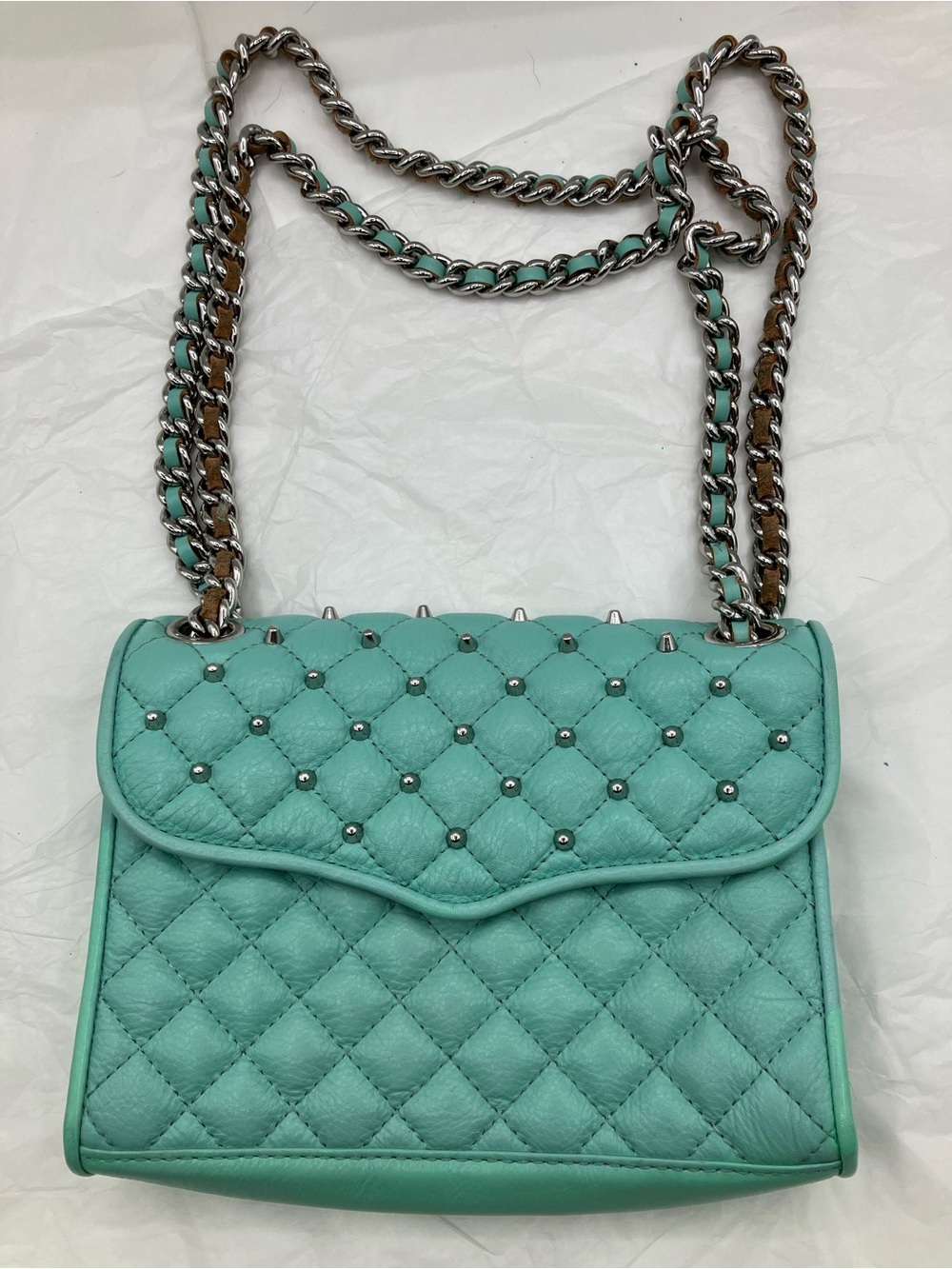 Rebecca Minkoff Mint Green Quilted Crossbody with Silver Studs and Chain